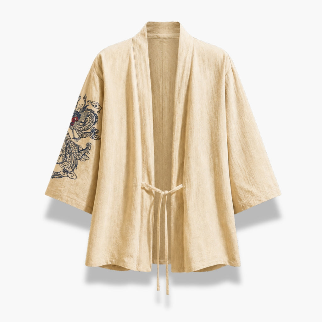 Veste Kimono Homme Brodé Noir Beige | Takara