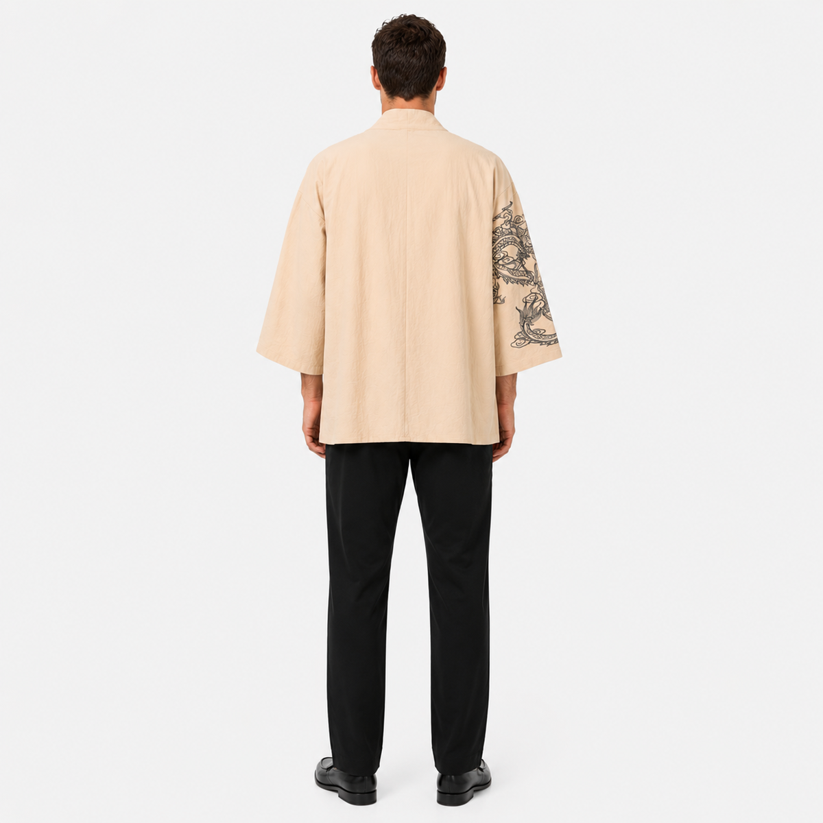 Veste Kimono Homme Brodé Noir Beige | Takara