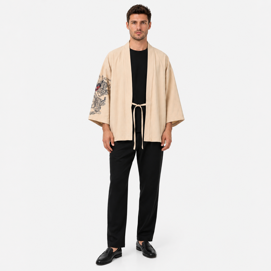 Veste Kimono Homme Brodé Noir Beige | Takara