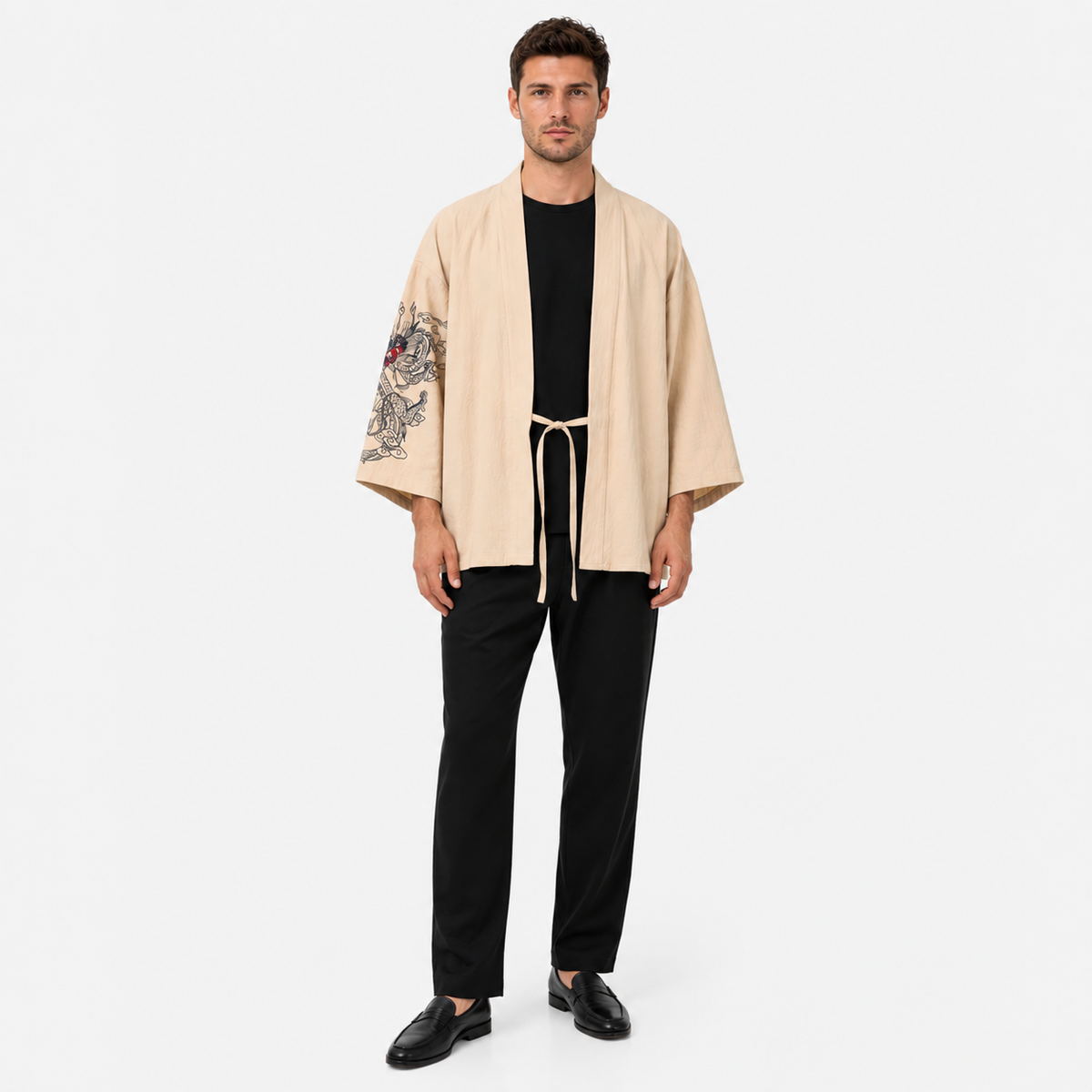 Veste Kimono Homme Brodé Noir Beige | Takara