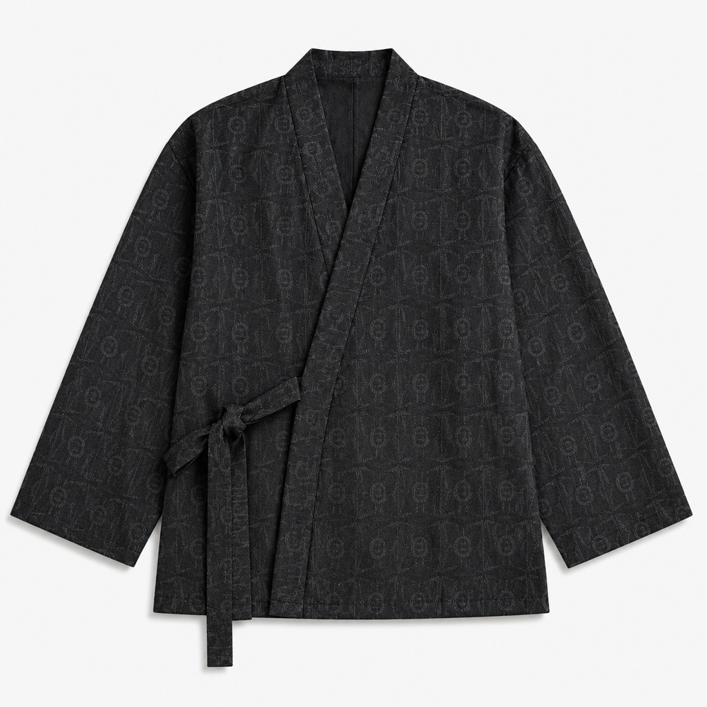 Veste Kimono Homme Jacquard Cache-Cœur Noir | Ryōka