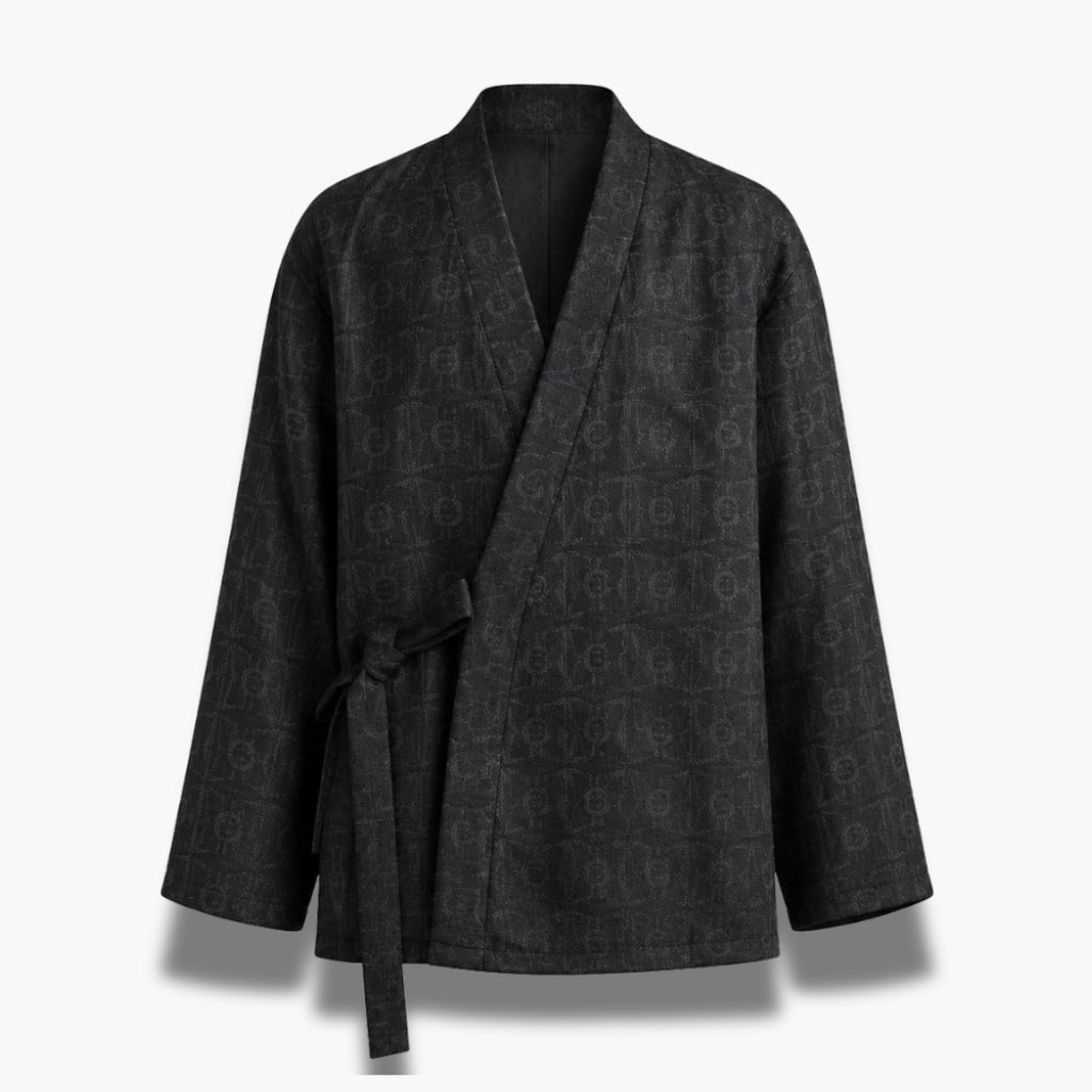 Veste Kimono Homme Jacquard Cache-Cœur Noir | Ryōka