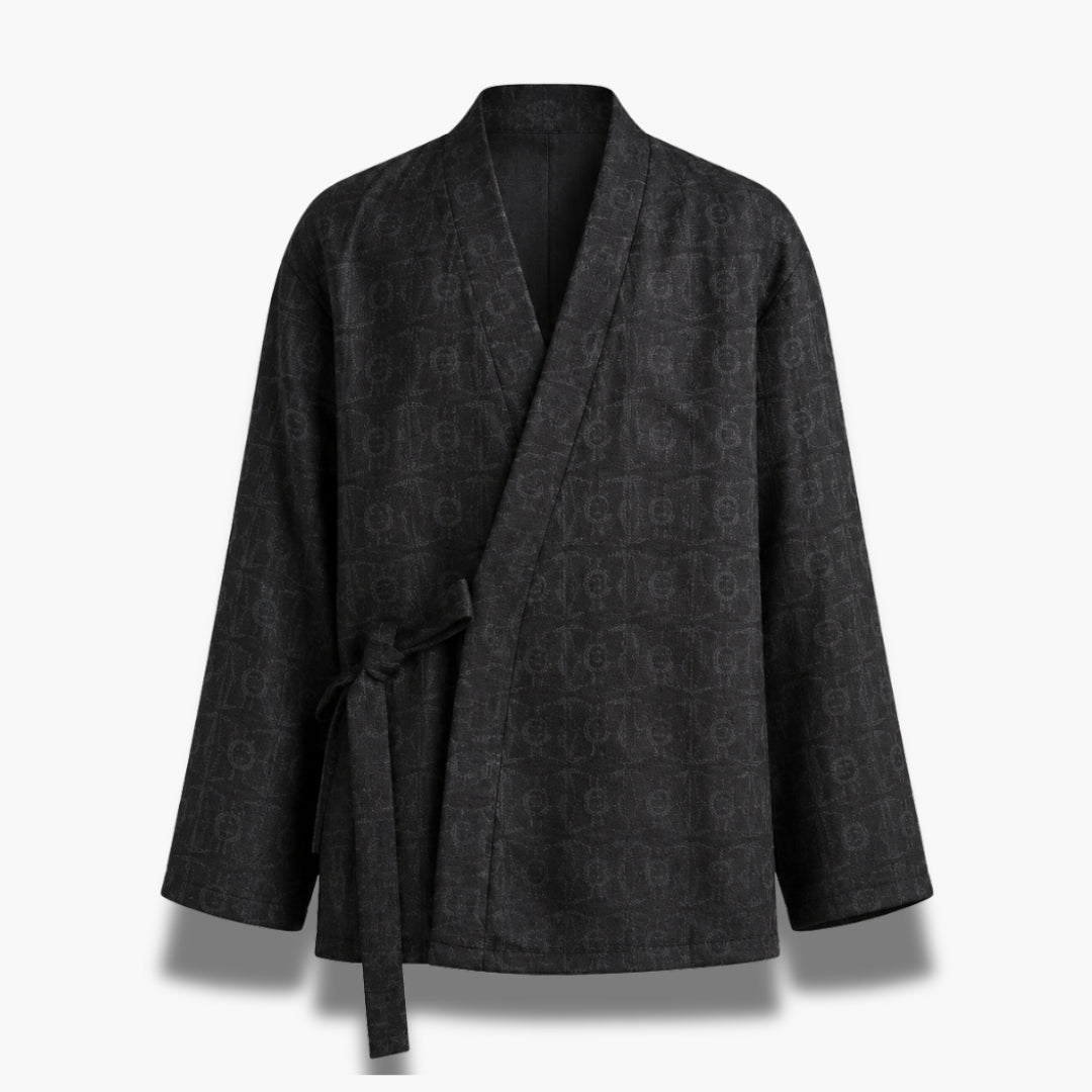 Veste Kimono Homme Jacquard Cache-Cœur Noir | Ryōka