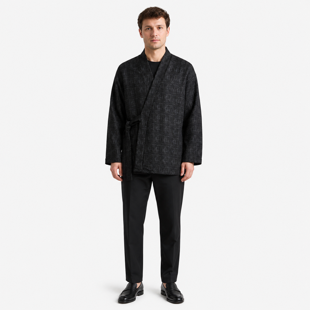 Veste Kimono Homme Jacquard Cache-Cœur Noir | Ryōka
