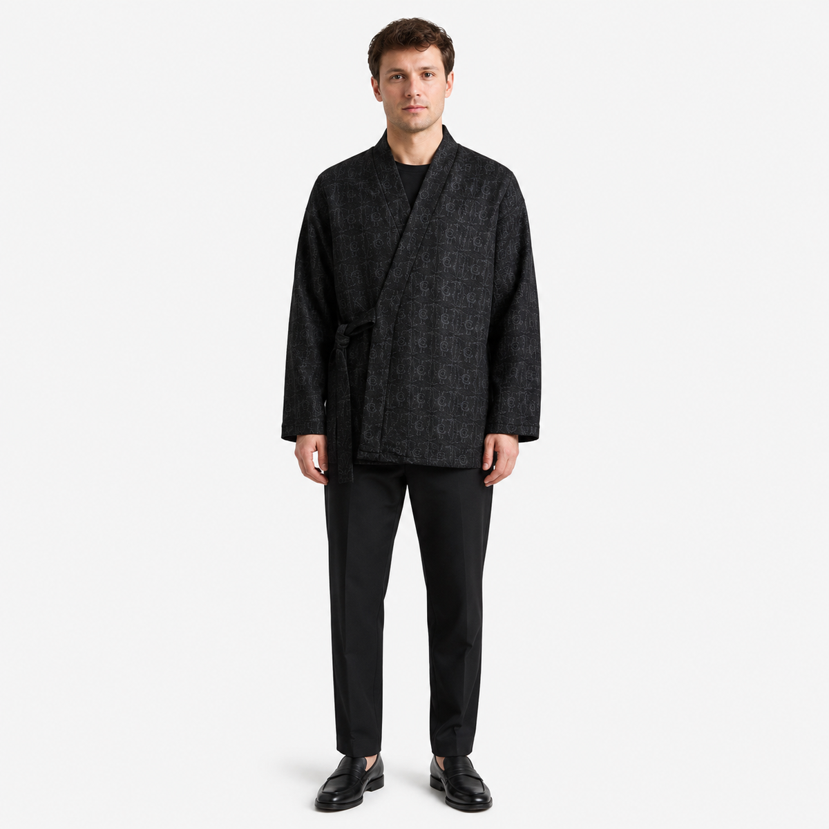 Veste Kimono Homme Jacquard Cache-Cœur Noir | Ryōka