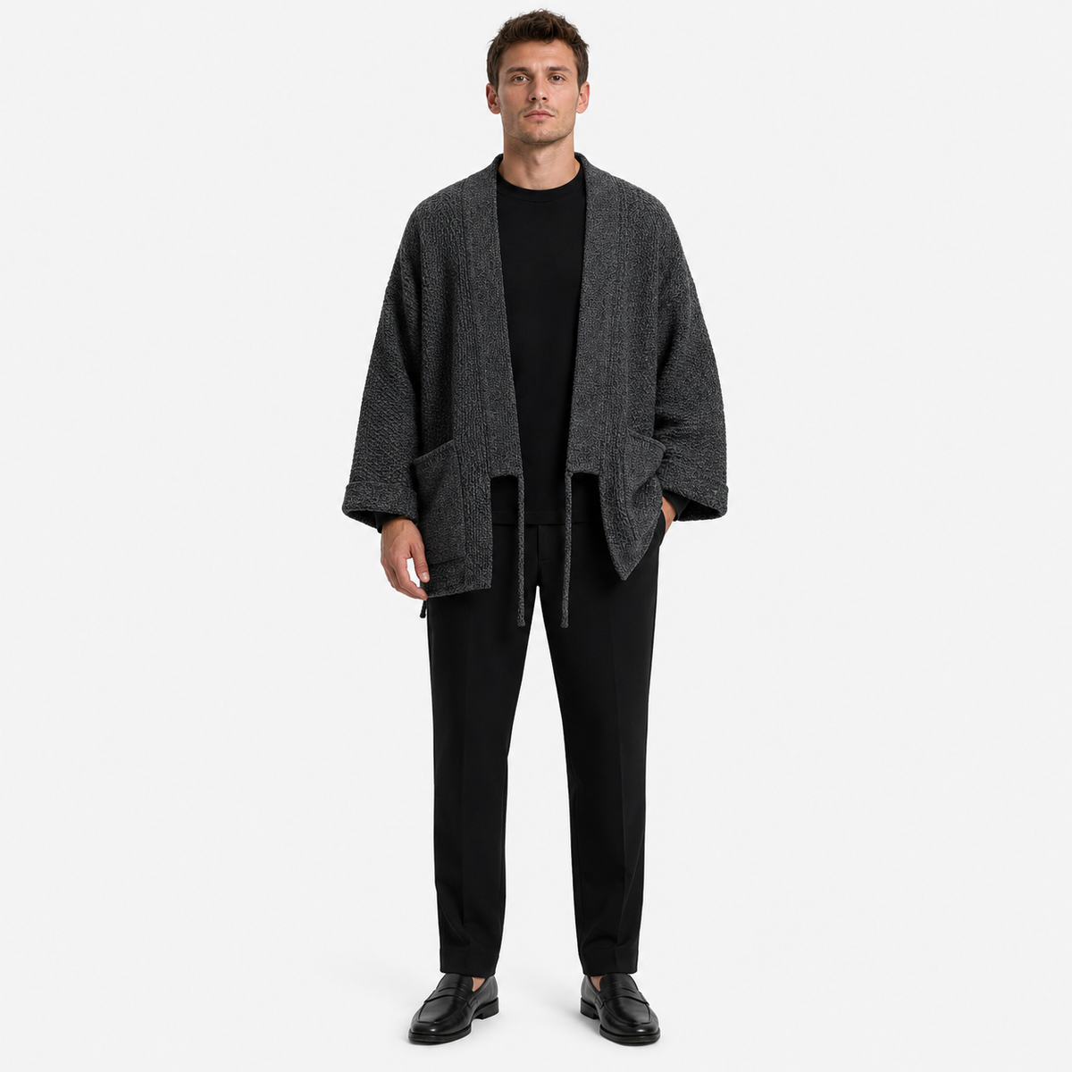 Veste Kimono Homme Tricot Anthracite Unisexe | Kiyora