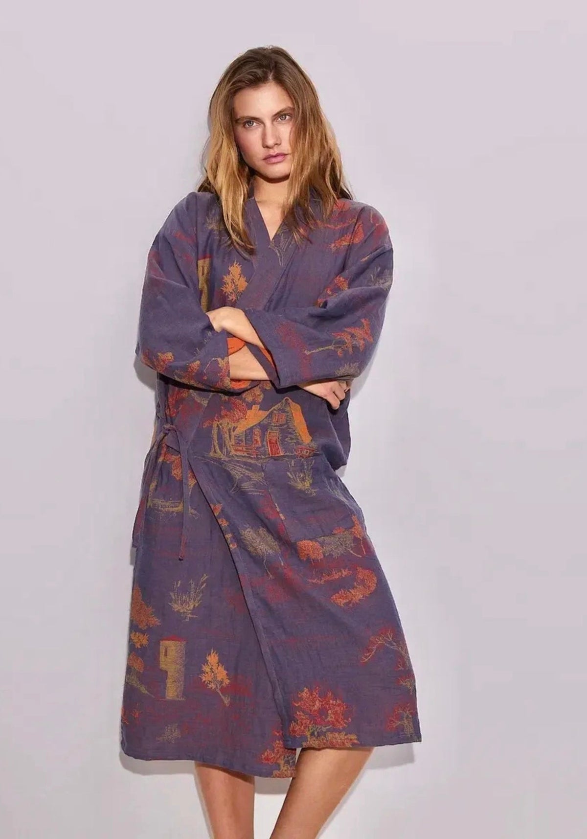 Peignoir kimono bleu femme | Mizuki